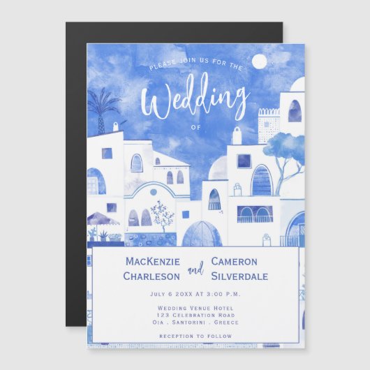 Santorini Wedding Magnetische Uitnodiging (Voorkant / Achterkant)
