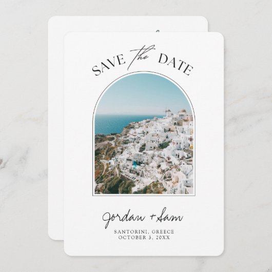 Santorini Wedding Save the Date Kaart (Voorkant / Achterkant)