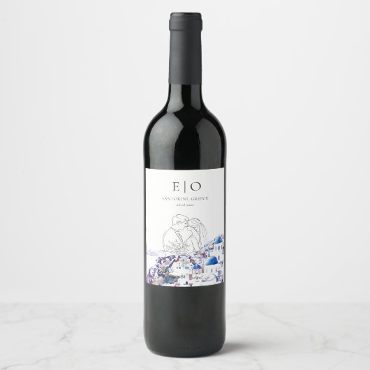 Santorini Wedding Wine Label – Aangepaste fles Bew Wijn Etiket (Voorkant)