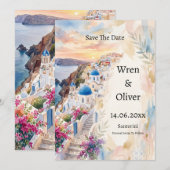 Santorini Zonsondergang Aquarel Save The Date Kaar (Voorkant / Achterkant)