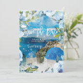 Santorini's zomerbruiloft met de prullenbak bedankkaart (Staand voorkant)