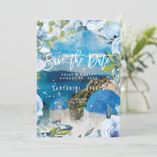 Santorini's zomerbruiloft met de prullenbak bedankkaart (Staand voorkant)