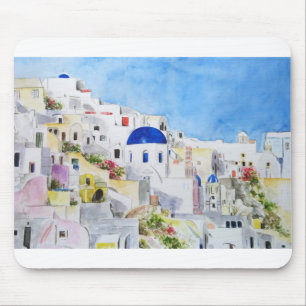 Santoroni Greece Aegean zee waterverf schilderij Muismat