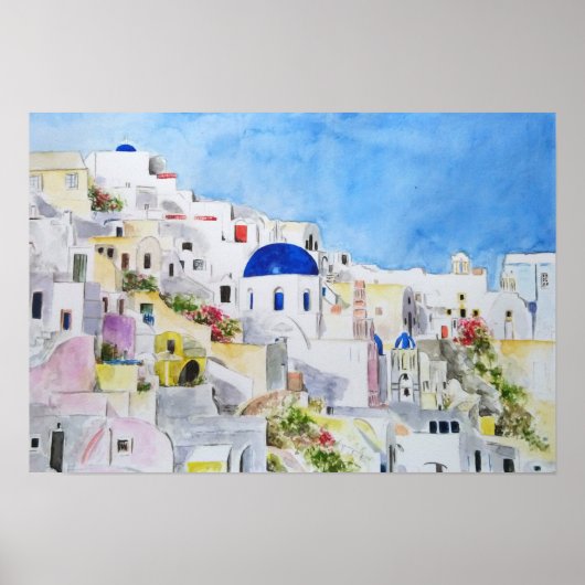 Santoroni Greece Aegean zee waterverf schilderij Poster (Voorkant)