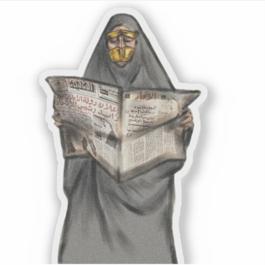 Saoedische vrouw die de sticker leest (Voorkant)