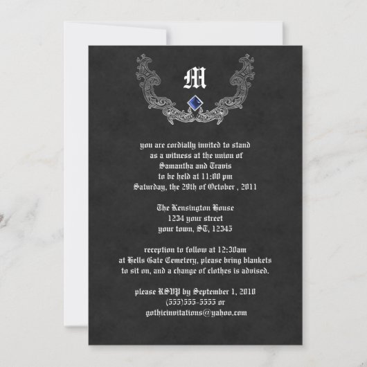 Sapphire and Silver Monogram Gothic Invitation Kaart (Voorkant)