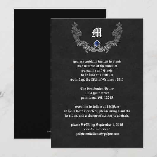 Sapphire and Silver Monogram Gothic Invitation Kaart (Voorkant / Achterkant)