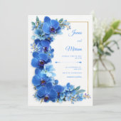 Sapphire Azure Gilded Orchid Botanical Wedding Kaart (Staand voorkant)