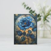 'Sapphire Bloom' Glas in lood Blauw Roos Briefkaart (Staand voorkant)
