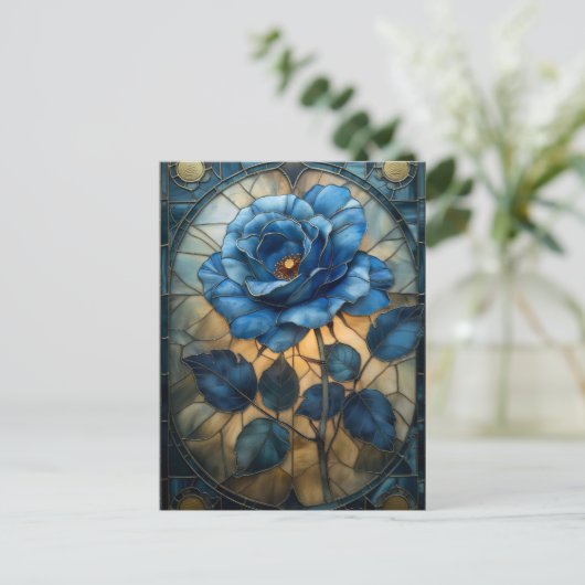 'Sapphire Bloom' Glas in lood Blauw Roos Briefkaart (Staand voorkant)