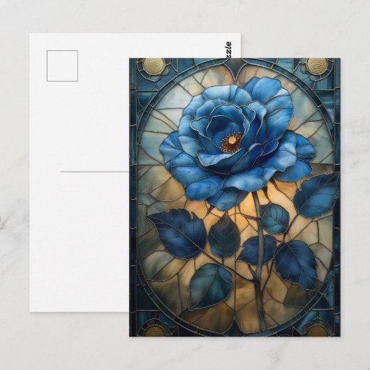 'Sapphire Bloom' Glas in lood Blauw Roos Briefkaart (Voorkant / Achterkant)