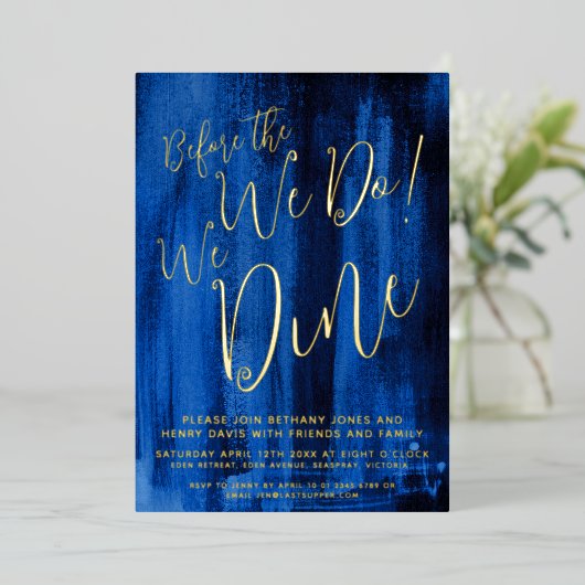 Sapphire blue art repetitie diner voor we dat doen folie uitnodiging (Staand Voorkant)