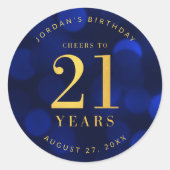 Sapphire Blue Bokeh Cheers tot 21 jaar verjaardag Ronde Sticker (Voorkant)