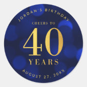 Sapphire Blue Bokeh Cheers tot 40 jaar verjaardag Ronde Sticker (Voorkant)
