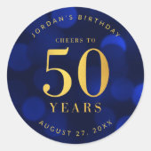 Sapphire Blue Bokeh Cheers tot 50 jaar verjaardag Ronde Sticker (Voorkant)