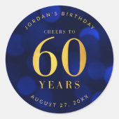Sapphire Blue Bokeh Cheers tot 60 jaar verjaardag Ronde Sticker (Voorkant)