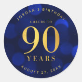 Sapphire Blue Bokeh Cheers tot 90 jaar verjaardag Ronde Sticker (Voorkant)