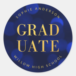 Sapphire Blue Bokeh Faux Gold Afstuderen Ronde Sticker