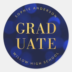 Sapphire Blue Bokeh Faux Gold Afstuderen Ronde Sticker