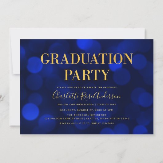 Sapphire Blue Bokeh Faux Gold Graduparty Kaart (Voorkant)