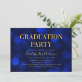 Sapphire Blue Bokeh Faux Gold Graduparty Kaart (Staand voorkant)