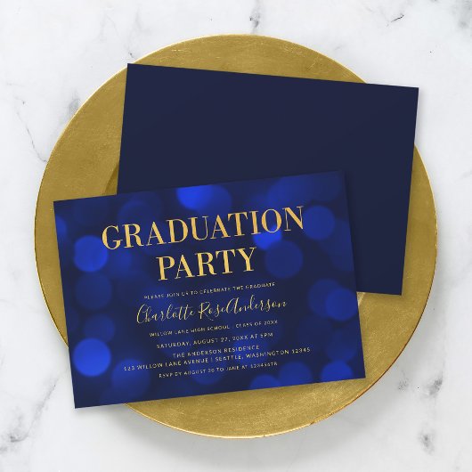 Sapphire Blue Bokeh Faux Gold Graduparty Kaart