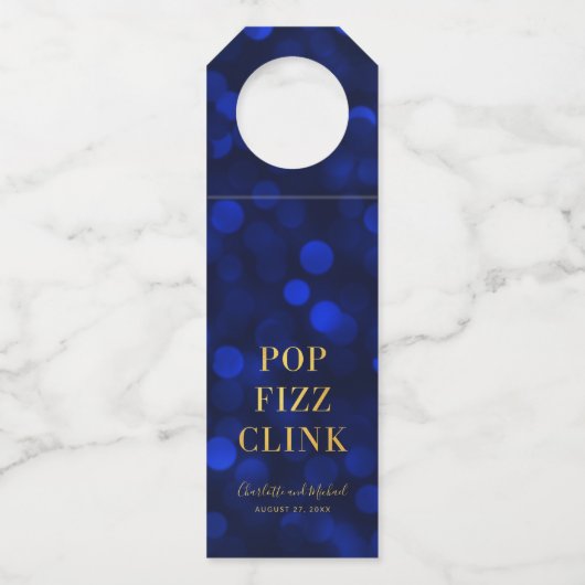 Sapphire Blue Bokeh Faux Gold Pop Fizz Clink Flessenhanger (Voorkant)