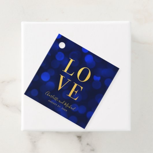 Sapphire Blue Bokeh Licht Faux Gold Love Bedankjes Labels (In situ)