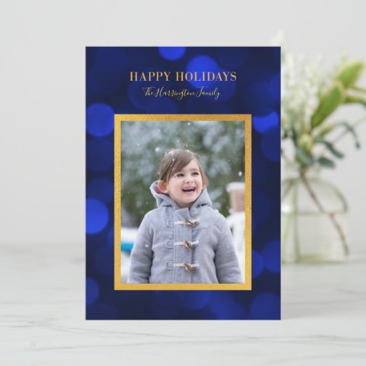 Sapphire Blue Bokeh Lichten Gold Prettige feestdag Feestdagenkaart (Staand voorkant)