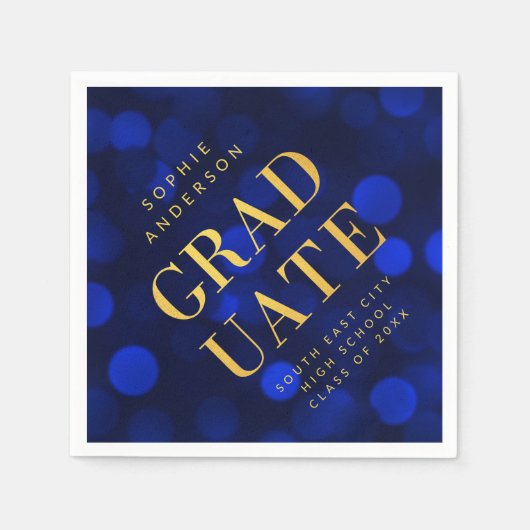Sapphire Blue Bokeh lights Faux Gold Afstuderen Servet (Voorkant)
