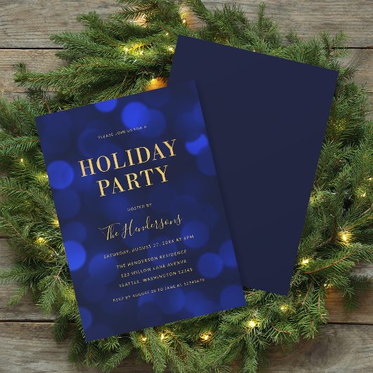 Sapphire Blue Bokeh Lights Faux Gold Holiday Party Kaart