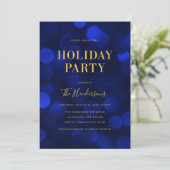 Sapphire Blue Bokeh Lights Faux Gold Holiday Party Kaart (Staand voorkant)