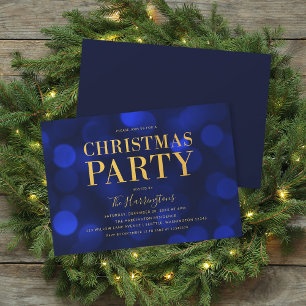 Sapphire Blue Bokeh Lights Gold Christmas Party Kaart