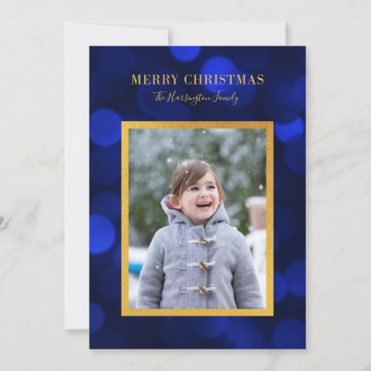 Sapphire Blue Bokeh Lights Gold Merry kerst Feestdagenkaart (Voorkant)