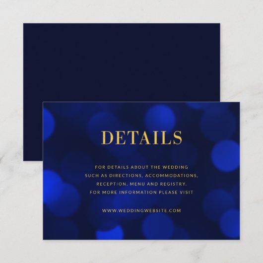 Sapphire Blue Bokeh Lights Gold Wedding Details Informatiekaartje (Voorkant / Achterkant)
