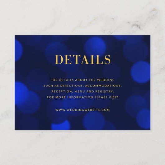 Sapphire Blue Bokeh Lights Gold Wedding Details Informatiekaartje (Voorkant)