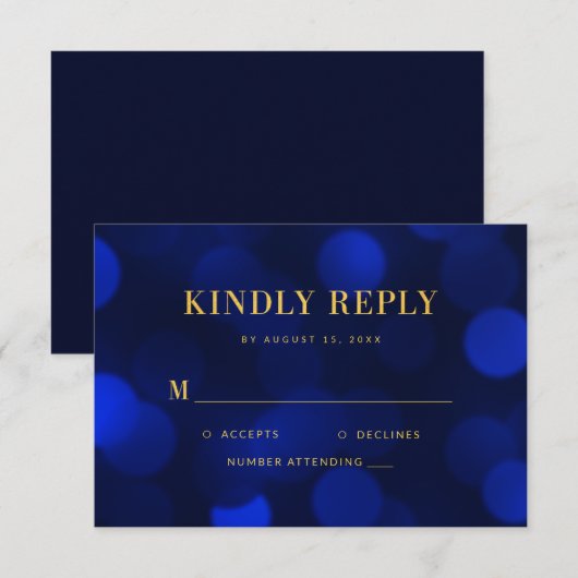 Sapphire Blue Bokeh Lights Gold Wedding RSVP Kaartje (Voorkant / Achterkant)