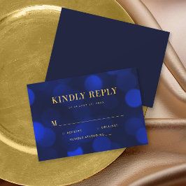 Sapphire Blue Bokeh Lights Gold Wedding RSVP Kaartje