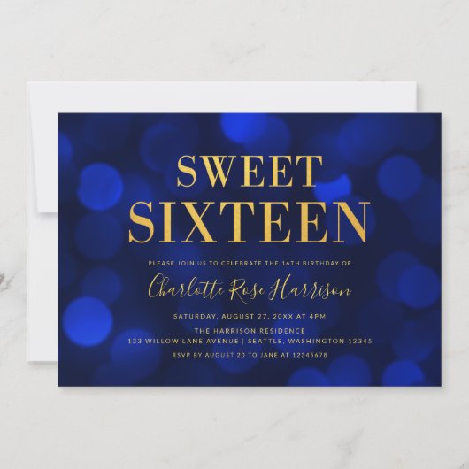 Sapphire Blue Bokeh Lights Sweet Sixteen Birthday Kaart (Voorkant)