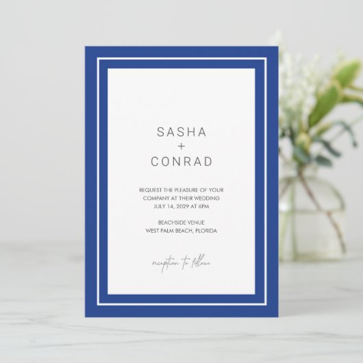 Sapphire Blue Bold Border Modern Wedding Kaart (Staand voorkant)