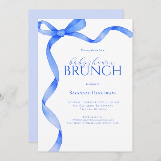 Sapphire Blue Bow Ribbon Baby shower Brunch Kaart (Voorkant / Achterkant)