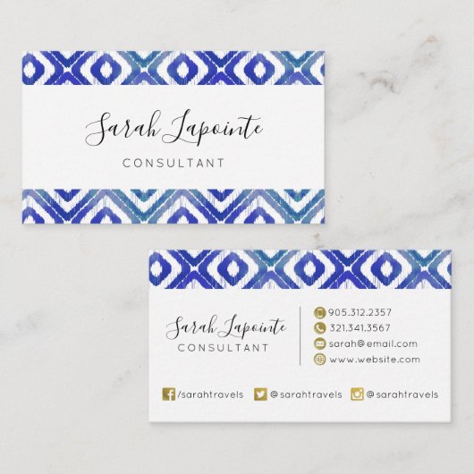 Sapphire Blue Chic & Elegant Ikat Pattern Visitekaartje (Voorkant / Achterkant)