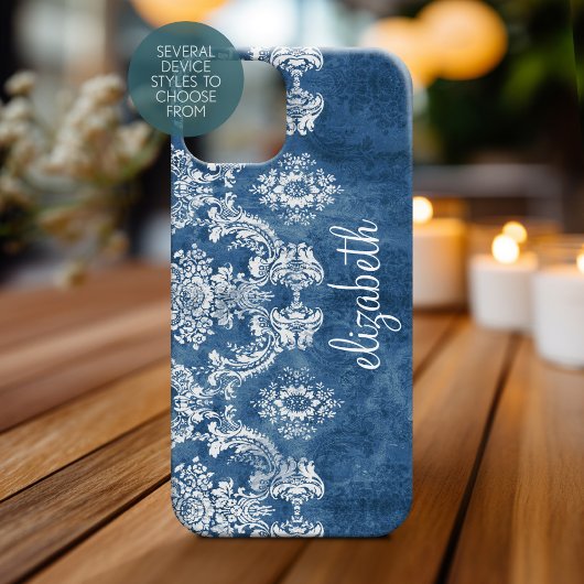 Sapphire Blue Damask Patroonnaam Case-Mate iPhone Case