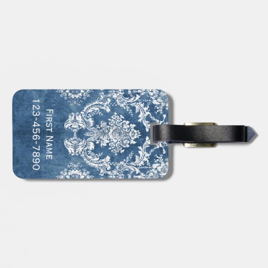 Sapphire Blue Damask Pattern en Name Bagagelabel (Achterkant horizontaal)