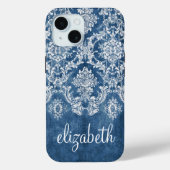Sapphire Blue  Damask Pattern en Name Case-Mate iPhone Case (Achterkant)