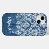 Sapphire Blue  Damask Pattern en Name Case-Mate iPhone Case (Achterkant (horizontaal))