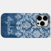 Sapphire Blue Damask Pattern en Name Case-Mate iPhone Case (Achterkant (horizontaal))