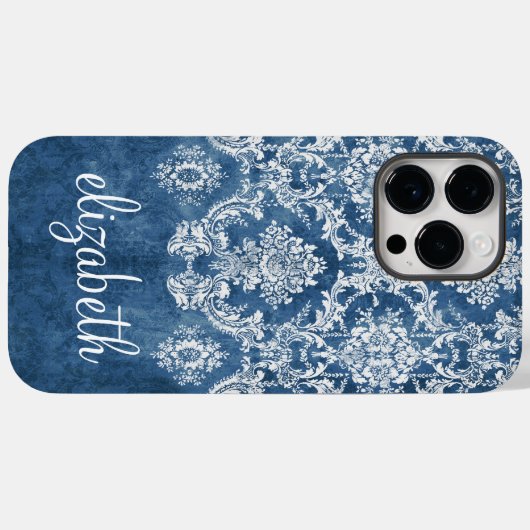 Sapphire Blue  Damask Pattern en Name Case-Mate iPhone Case (Achterkant (horizontaal))
