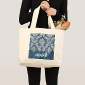 Sapphire Blue  Damask Pattern en Name Grote Tote Bag (Voorkant (product))