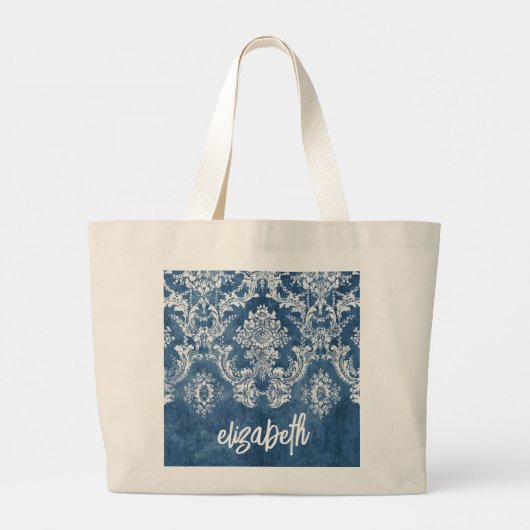 Sapphire Blue Damask Pattern en Name Grote Tote Bag (Achterkant)